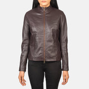 Detailansicht of Mandarin &amp; Zipper with Dual Puller Hardware on Rumella Maroon Leather Biker Jacket