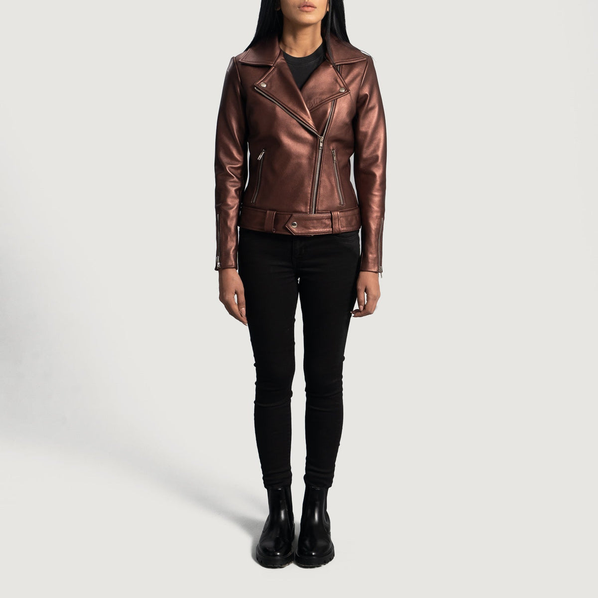 
Detailansicht of Notch & Zipper Hardware on Rumy Maroon Leather Biker Jacket