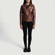 
Detailansicht of Notch & Zipper Hardware on Rumy Maroon Leather Biker Jacket