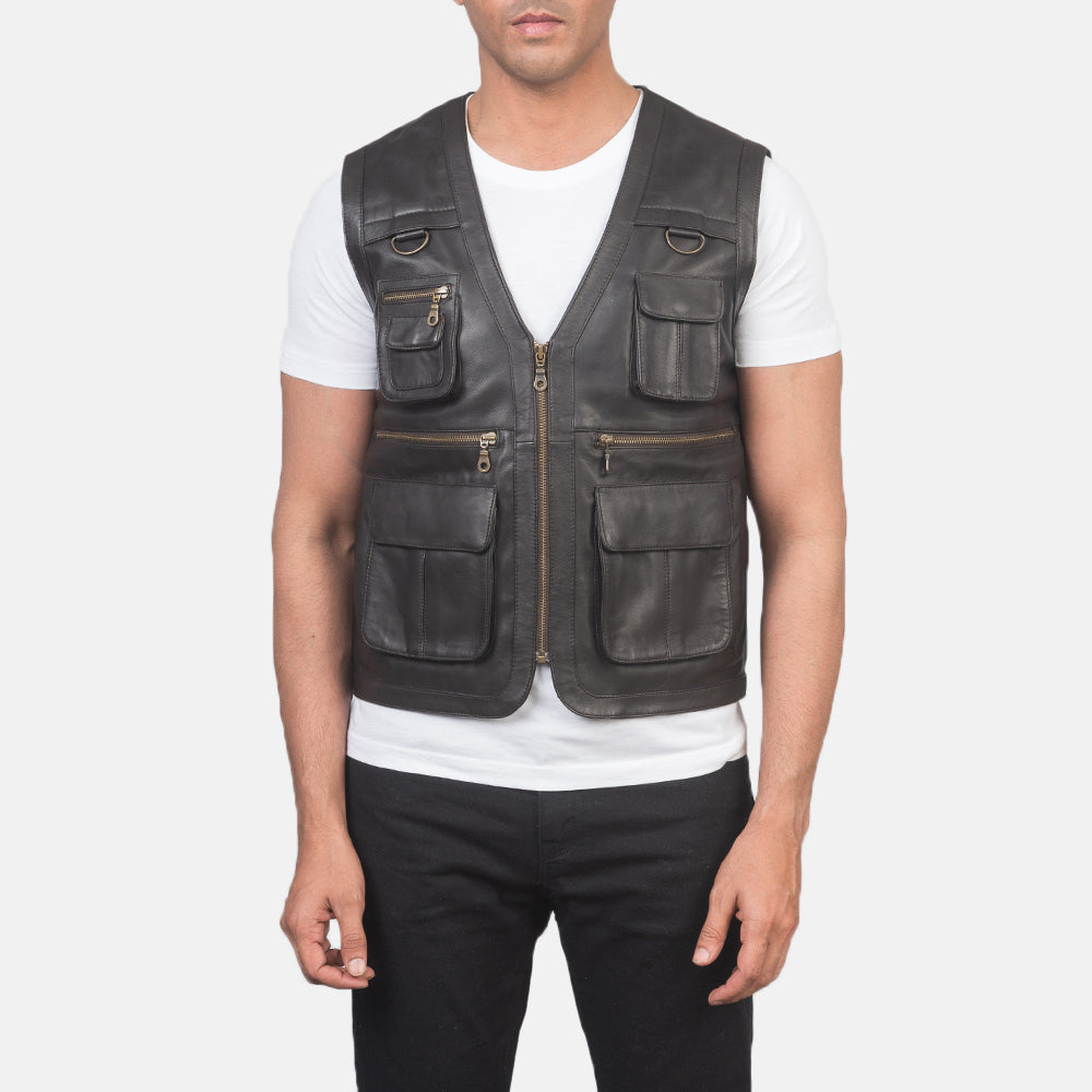 
Detailansicht of Classic Collar & Zipper Hardware on Safari-Beige Braun Lederweste für Herren