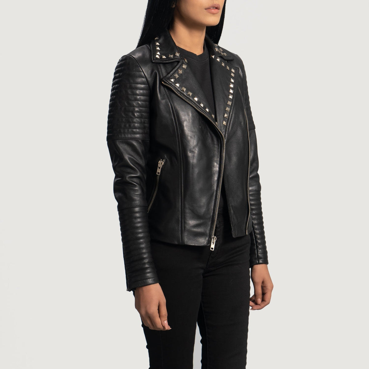 Black Sheepskin Leather Biker Jacket - Rückansicht mit passgenauen Schultern &amp; sauberem Saum