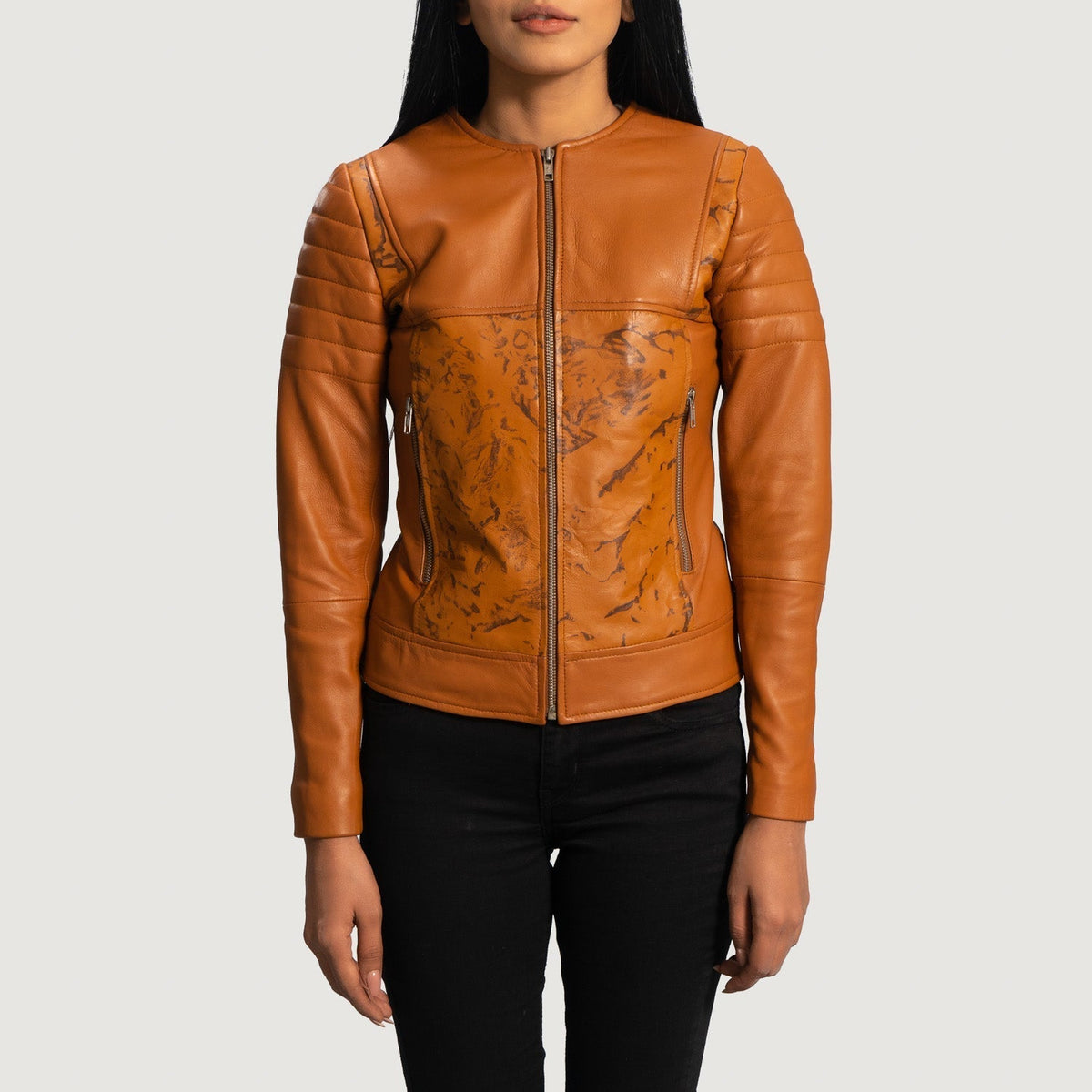 Women's Sandy Hellbraun Dye Leder-Bikerjacke für Damen in Tan Brown Sheepskin Dip &amp;Amp; Dye - Vorderansicht &amp; maßgeschneiderte Silhouette | Online Kaufen