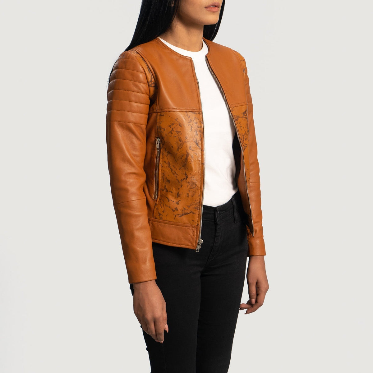 Tan Brown Sheepskin Dip &amp;Amp; Dye Biker Jacket - Rückansicht mit passgenauen Schultern &amp; sauberem Saum