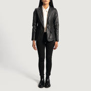 Detailansicht of Notch &amp; Button Hardware on Women's Selina Schwarz Lederblazer für Damen