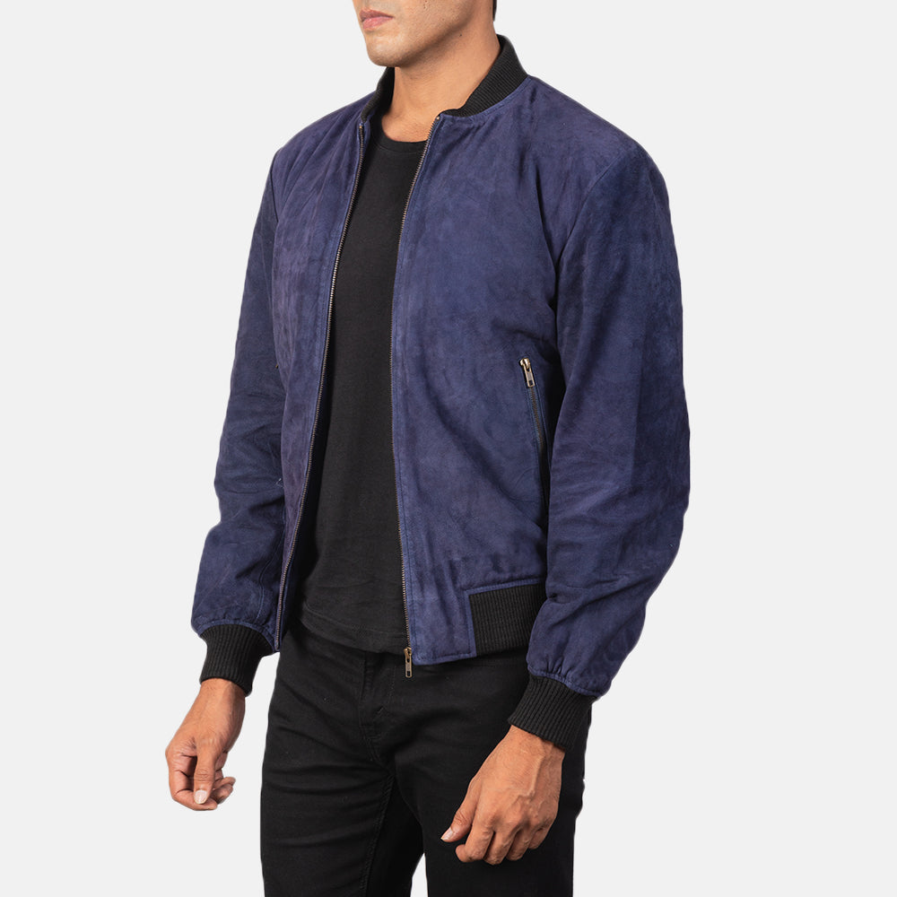 Blue Goatskin Suede Bomber Jacket - Rückansicht mit passgenauen Schultern &amp; sauberem Saum