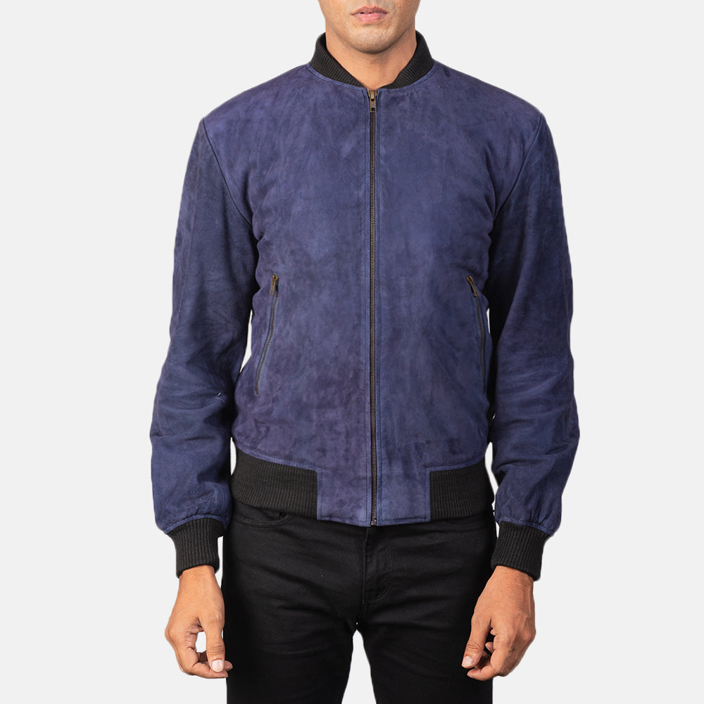 Detailansicht of Varsity &amp; Zipper Hardware on Men's Shane Navy Blue Suede Bomber Jacket