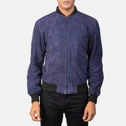 Detailansicht of Varsity &amp; Zipper Hardware on Men's Shane Navy Blue Suede Bomber Jacket