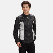 Shapron Studded Leder-Bikerjacke für Herren in Black Sheepskin Leather - Vorderansicht &amp; maßgeschneiderte Silhouette | Online Kaufen