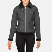 Close-Up Detail of Buckled Collar & Zipper Hardware on Women's Sherilyn B-3 Distressed Black Leather Bomber Jacket