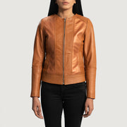 Detailansicht of Classic Collar &amp; Zipper Hardware on Women's Sleeky Clean Hellbraun Leder-Bikerjacke für Damen