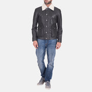 
Detailansicht of Shirt style Faux Shearling Collar & Zipper + Button Flap Hardware on Snow Cole Schwarz Lederjacke für Herren