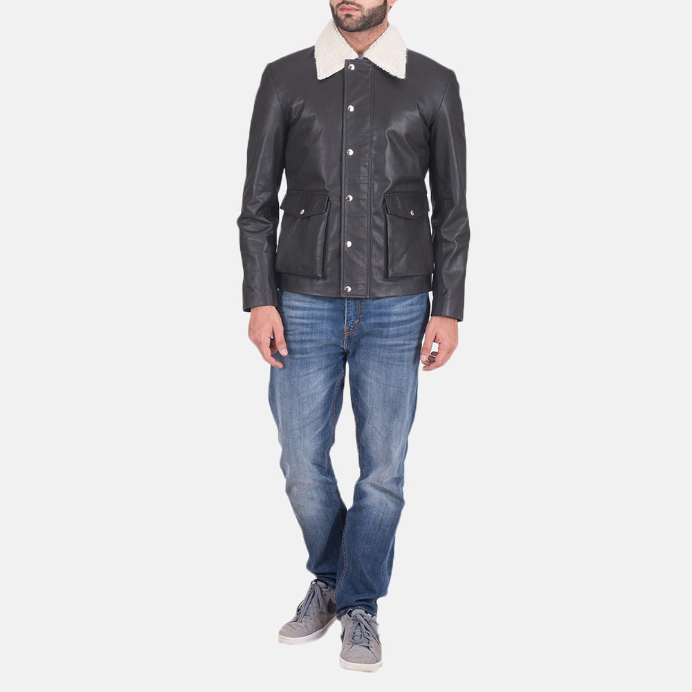 Close-Up Detail of Shirt style Faux Shearling Collar & Zipper + Button Flap Hardware on Men's Snow Cole Black Leather Jacket
