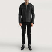 Detailansicht of Hooded &amp; Zipper Hardware on Men's Spratt Schwarz Hooded Lederjacke für Herren