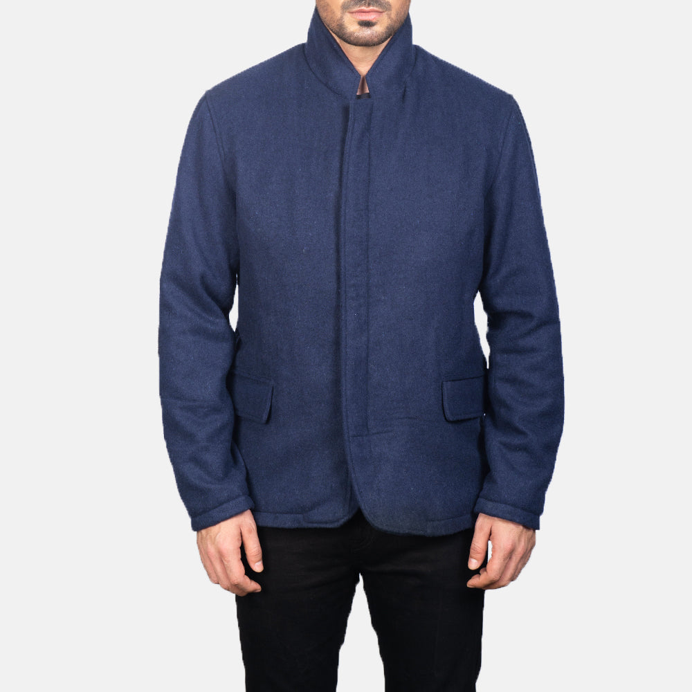 Detailansicht of Nehru &amp; Zipper with Dual Puller Hardware on Men's Thomas Blau Wool Lederjacke für Herren