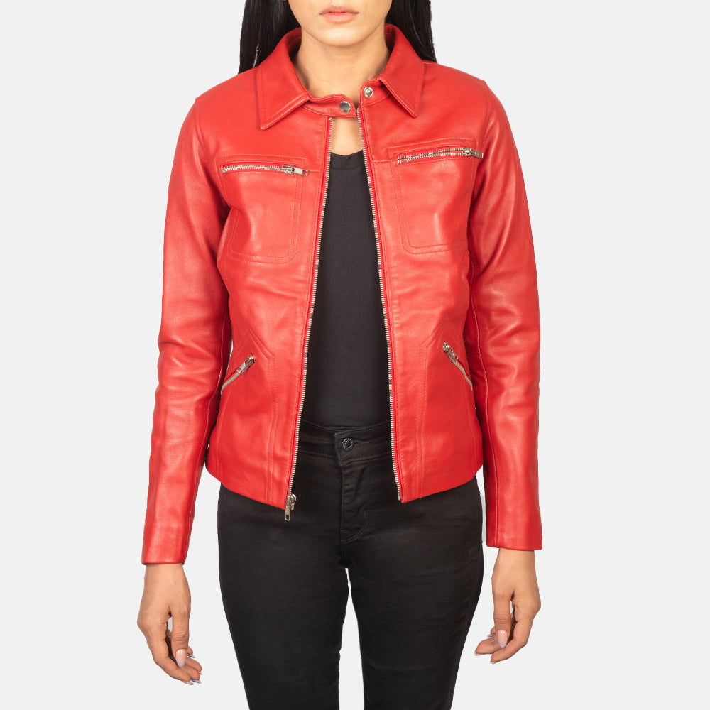 Women's Tomachi Red Leather Jacket in Red Sheep Skin Leather - Front Profile View & Tailored Silhouette | Buy Online