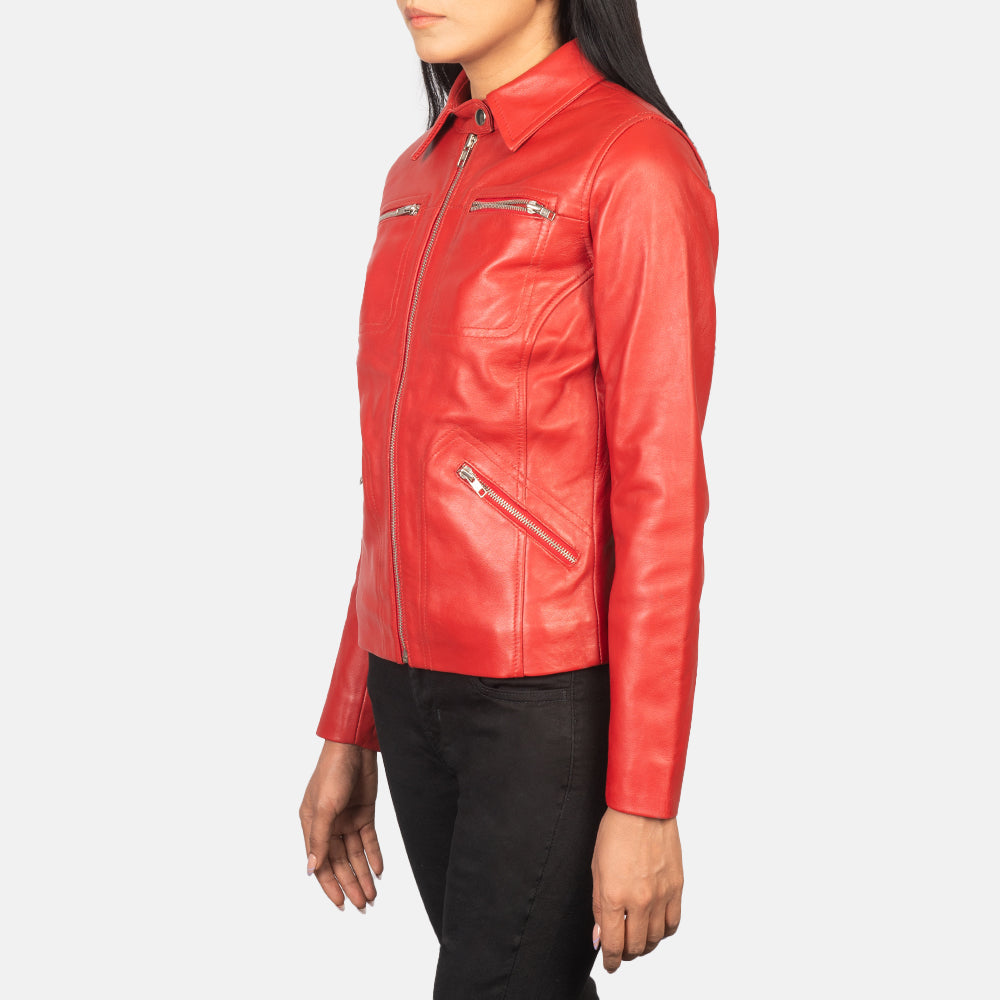 Red Sheep Skin Leather Biker Jacket - Back View Showing Tailored Shoulder Fit & Clean Hemline
