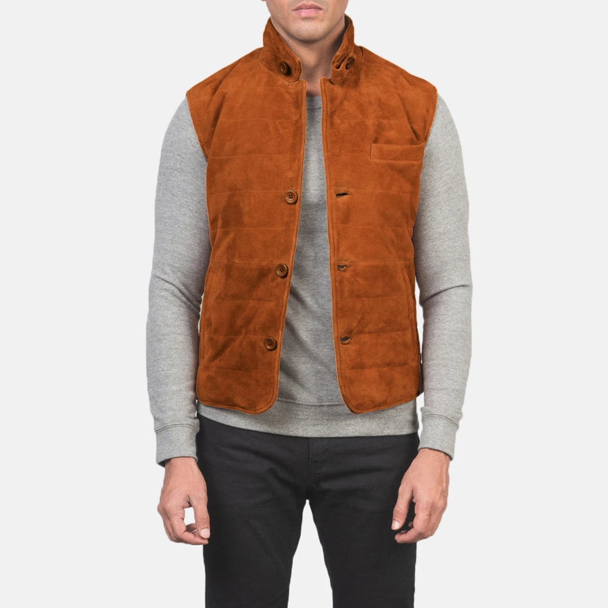 Men's Tony Brown Suede Vest in Brown Goatskin Suede - Front Profile View & Tailored Silhouette | Buy Online