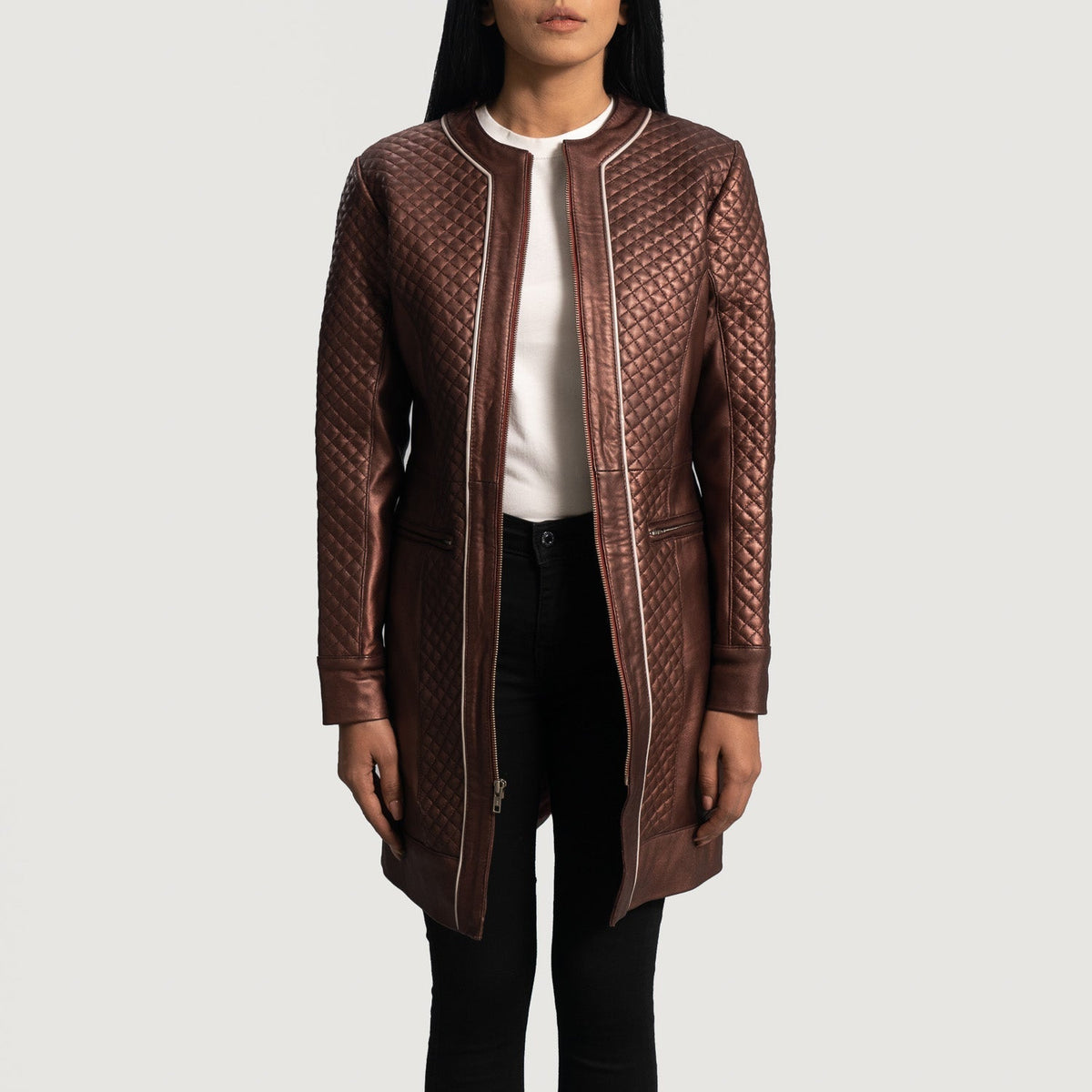 
Trudy Lane Gesteppt Kastanienbraun Ledermantel für Damen in Maroon Sheepskin Leather - Vorderansicht & maßgeschneiderte Silhouette | Online Kaufen