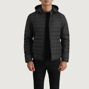 Tyler Schwarz Hooded Puffer Lederjacke für Herren in Black Full-Grain Leather - Vorderansicht &amp; maßgeschneiderte Silhouette | Online Kaufen