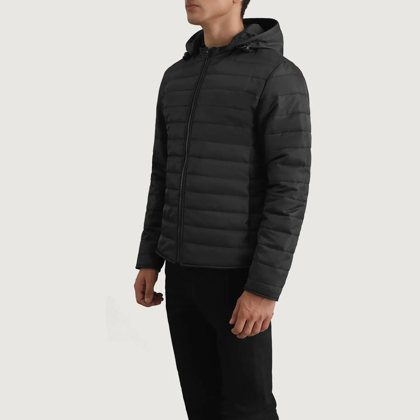 Tyler Schwarz Hooded Puffer Lederjacke für Herren