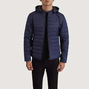 Tyler Blau Hooded Puffer Lederjacke für Herren in Blue Full-Grain Leather - Vorderansicht &amp; maßgeschneiderte Silhouette | Online Kaufen
