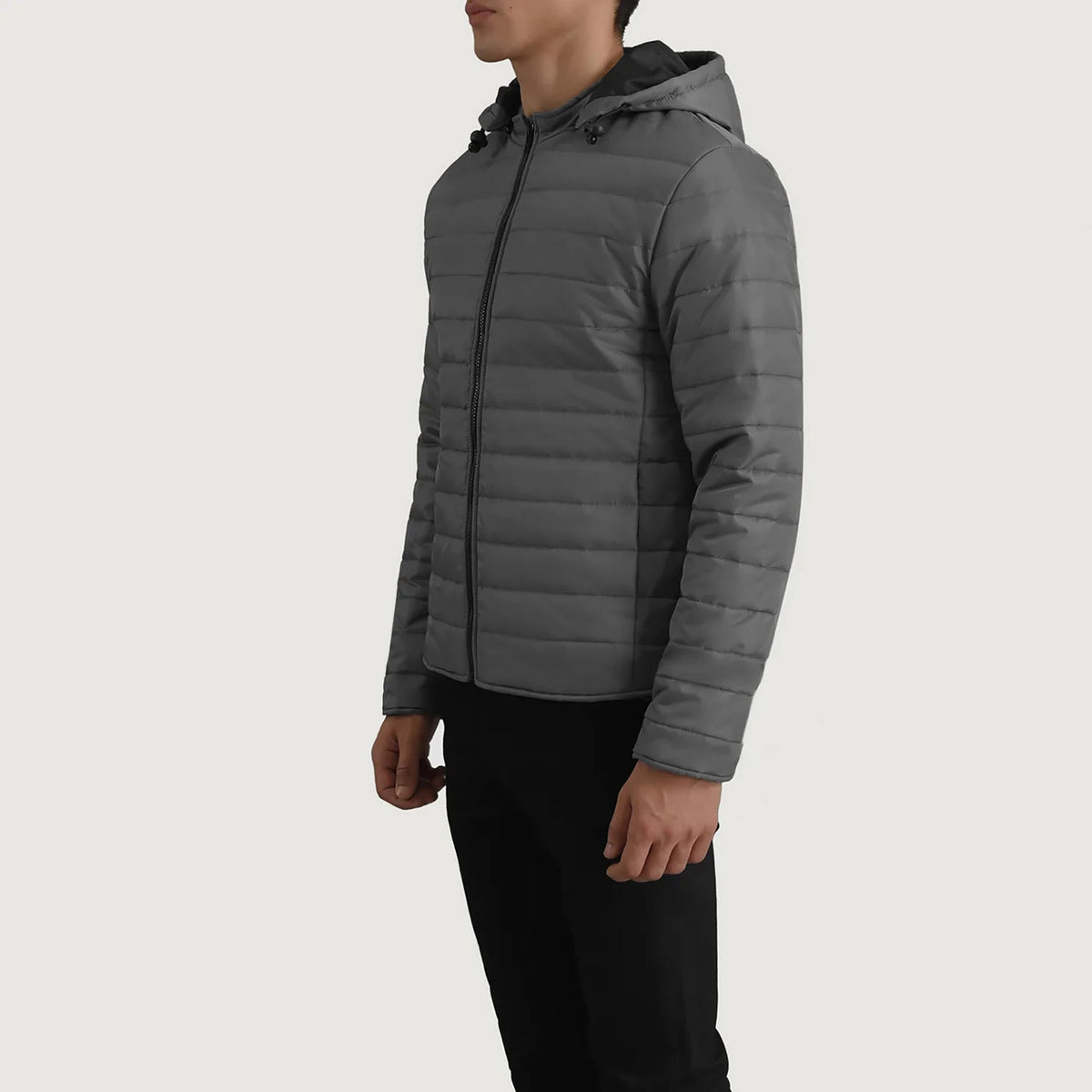 Grey Full-Grain Leather Hooded Jacket - Rückansicht mit passgenauen Schultern &amp; sauberem Saum