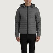 Detailansicht of Classic Collar &amp; Zipper Hardware on Tyler Grau Hooded Puffer Lederjacke für Herren