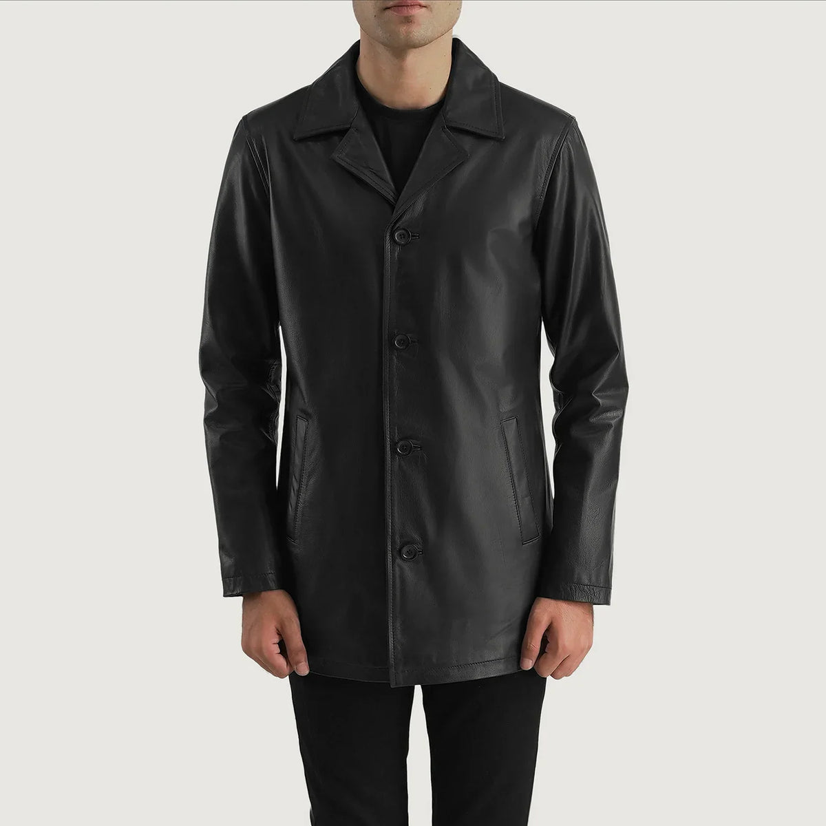 
Urban Slate Schwarz Ledermantel für Herren - Vorderansicht & maßgeschneiderte Silhouette | Online Kaufen