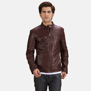 Urbane Gesteppt Kastanienbraun Leder-Bikerjacke für Herren in Maroon Sheepskin Leather - Vorderansicht &amp; maßgeschneiderte Silhouette | Online Kaufen