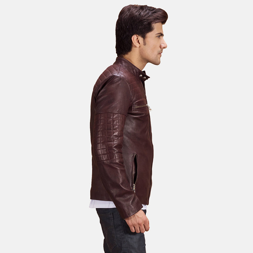 Urbane Gesteppt Kastanienbraun Leder-Bikerjacke für Herren