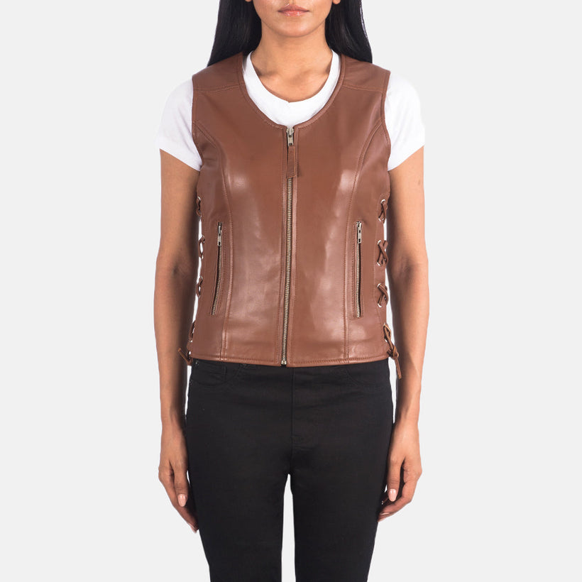 Vanda Braun Leather Biker Vest für Damen