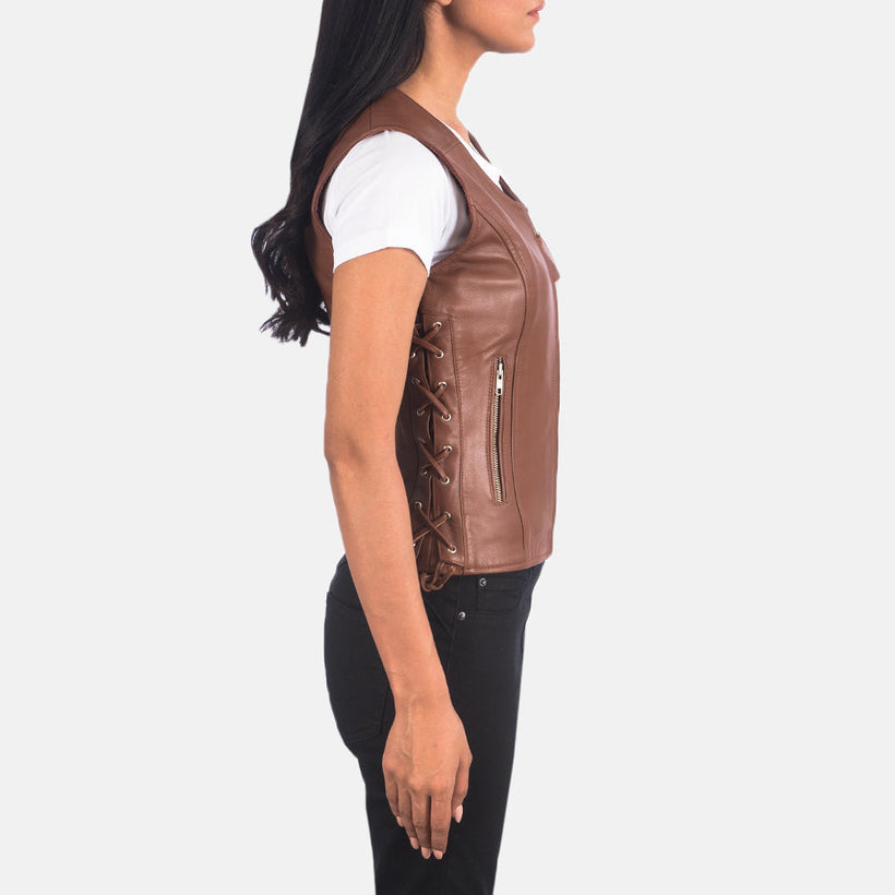 Vanda Braun Leather Biker Vest für Damen