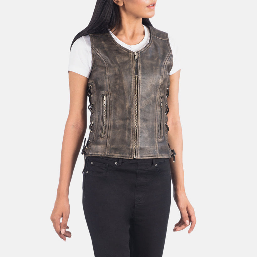 Vanda Distressed Braun Leather Biker Vest für Damen