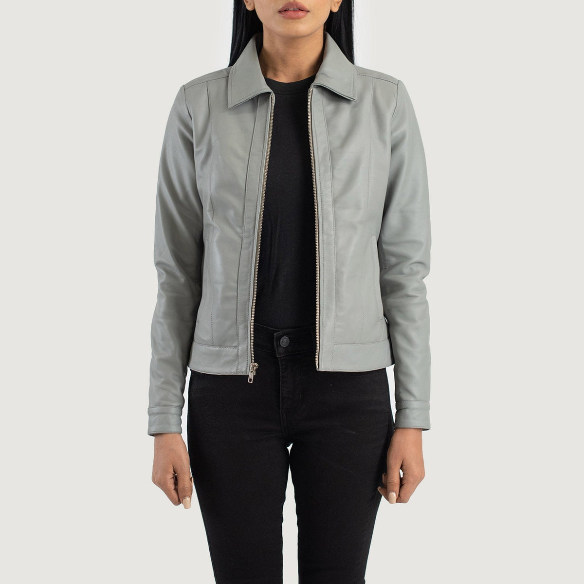 Snap Buttons &amp; Hem Craftsmanship Construction Detail on Women's Vixen Pink Classic Collar Leather Jacket