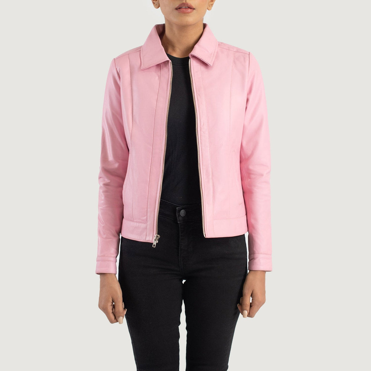 Women's Vixen Pink Classic Collar Leather Jacket in Pink Sheepskin Leather - Vorderansicht &amp; maßgeschneiderte Silhouette | Online Kaufen