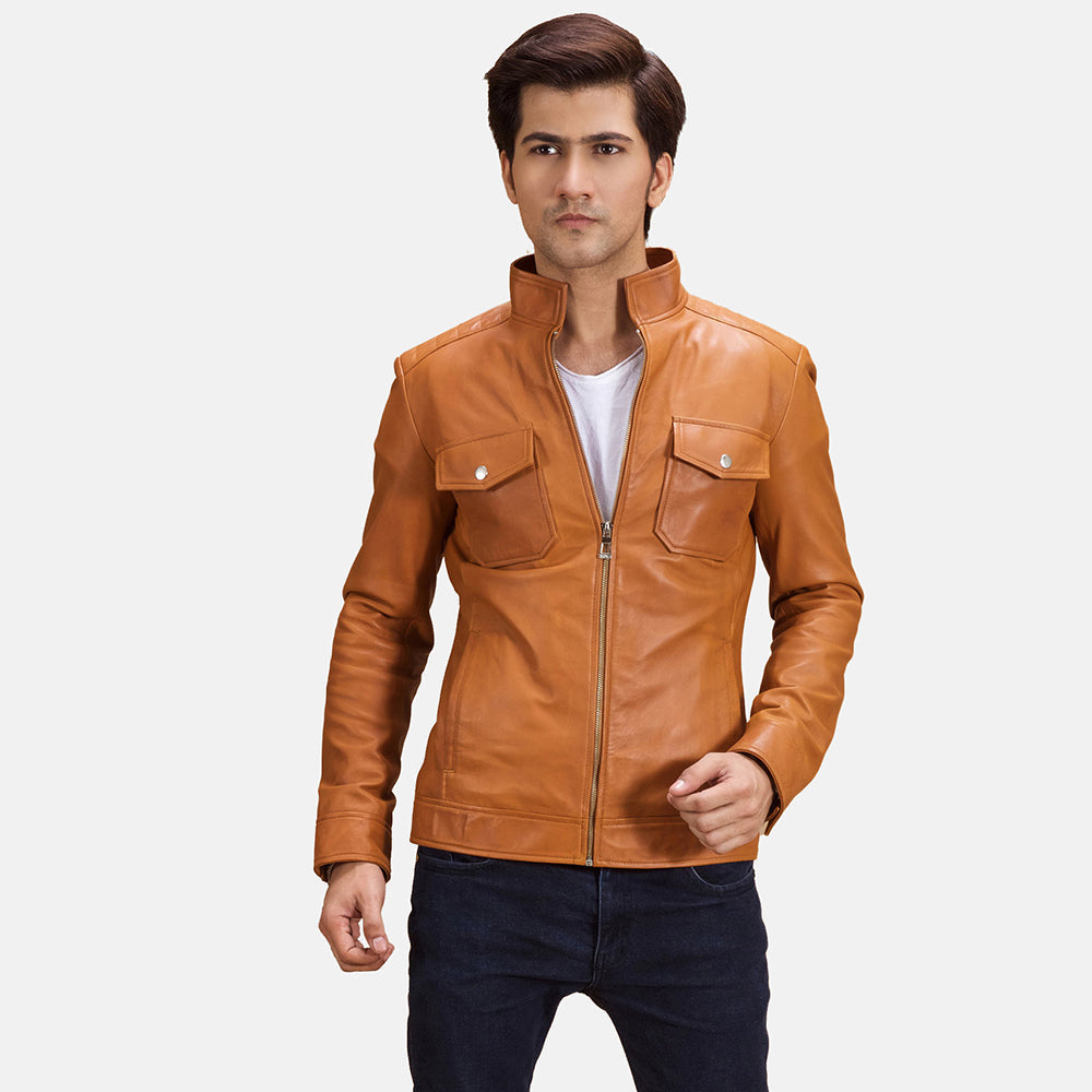 
Voltex Hellbraun Leder-Bikerjacke für Herren in Tan Brown Sheepskin Leather - Vorderansicht & maßgeschneiderte Silhouette | Online Kaufen
