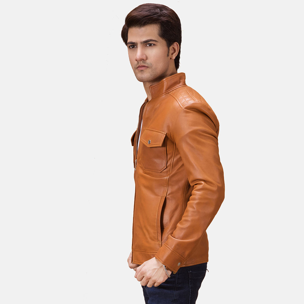 
Tan Brown Sheepskin Leather Biker Jacket - Rückansicht mit passgenauen Schultern & sauberem Saum