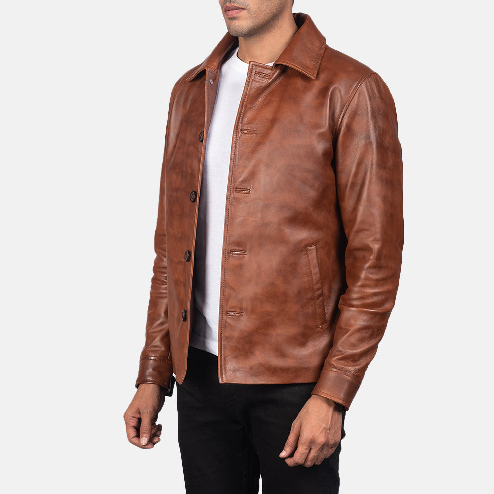 Distressed Brown Sheepskin Burnishing Leather Jacket - Rückansicht mit passgenauen Schultern &amp; sauberem Saum