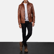 Detailansicht of Shirt &amp; Button Hardware on Waffle Braun Lederjacke für Herren