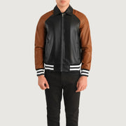 Detailansicht of Shirt collar &amp; Zipper Hardware on Walton Blue Leather Varsity Jacket