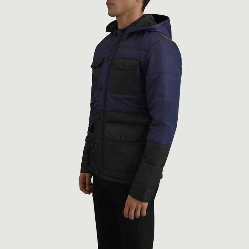 Wayne Schwarz & Blau Hooded Puffer Lederjacke für Herren