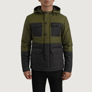 
Detailansicht of Classic Collar & Heavy-Duty Zipper Hardware on Wayne Schwarz & Grün Hooded Puffer Lederjacke für Herren