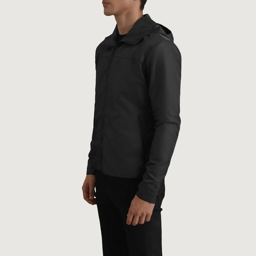 Wesley Schwarz Hooded Windbreaker Lederjacke für Herren