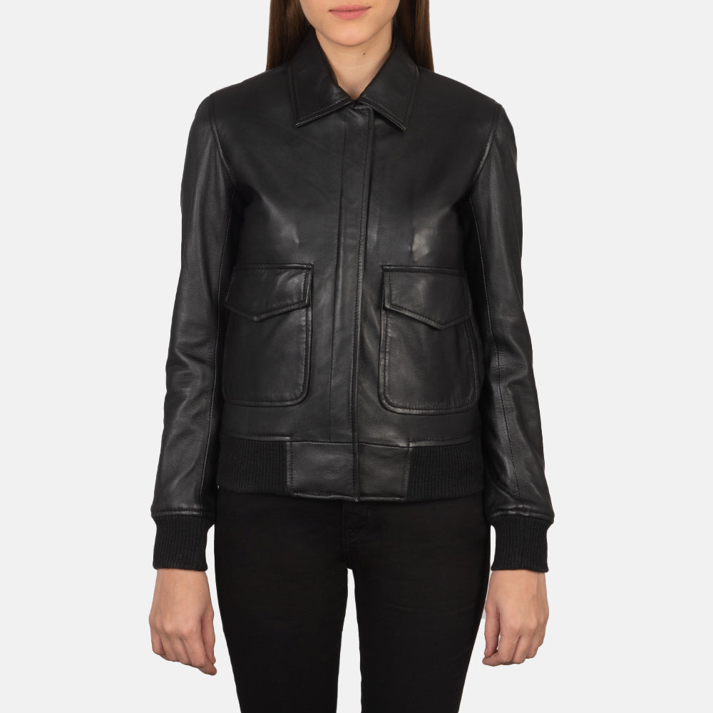 
Detailansicht of Shirt & Zipper with Button Flap Hardware on Westa A-2 Black Leather Bomber Jacket