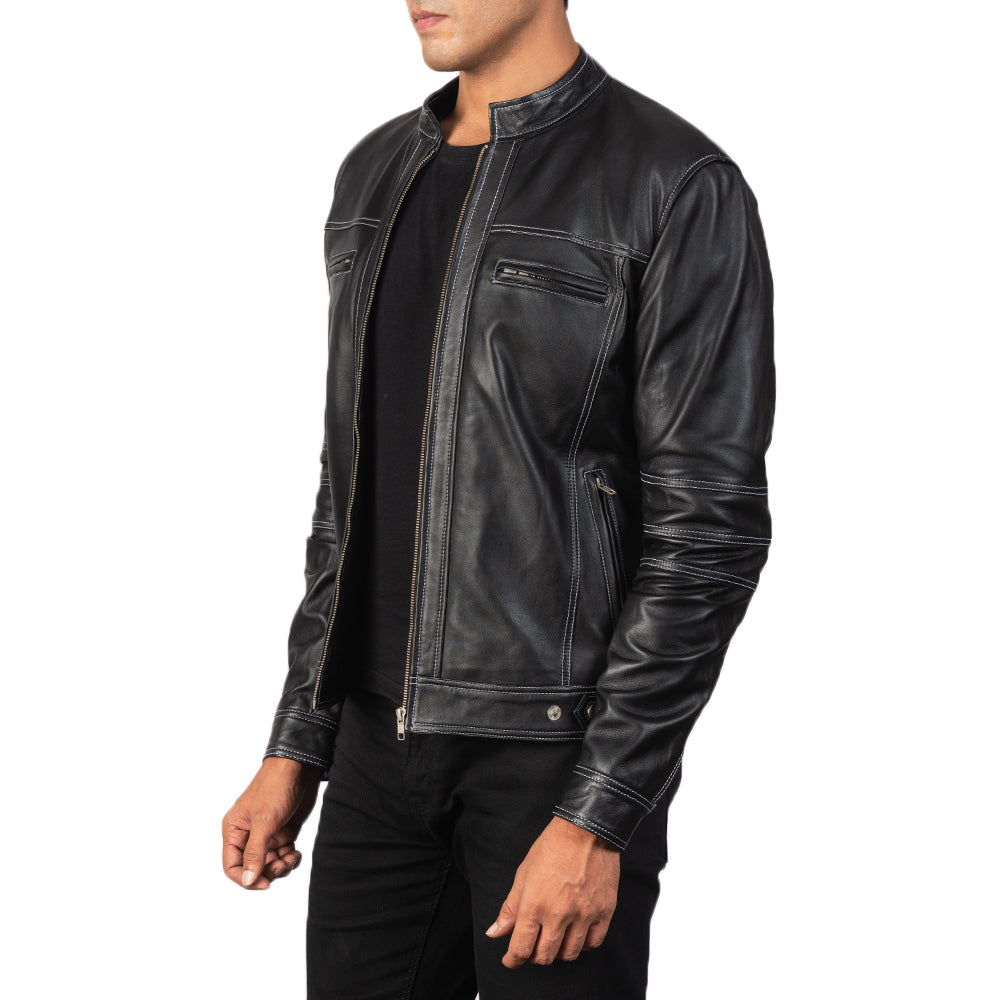 Black Goatskin Snuffed Biker Jacket - Rückansicht mit passgenauen Schultern &amp; sauberem Saum
