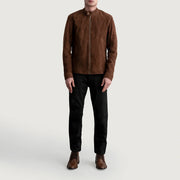 Detailansicht of Snap Button &amp; Zipper Hardware on Zen Braun Suede Leder-Bikerjacke für Herren