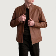 Zen Matte Braun Leder-Bikerjacke für Herren in Matte Brown Cowhide Leather - Vorderansicht &amp; maßgeschneiderte Silhouette | Online Kaufen