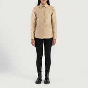 Women's Zenith Beige Leather Shirt Jacket - Seitenansicht mit ergonomischem Ärmelschnitt