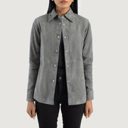 Tailored Rib Cuffs &amp; Hem Craftsmanship Construction Detail on Women's Zenith Beige Leather Shirt Jacket